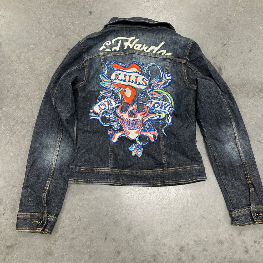 Vtg Ed Hardy Christian Audigier Love Kills Slowly Denim Jacket Dark Wash Medium
